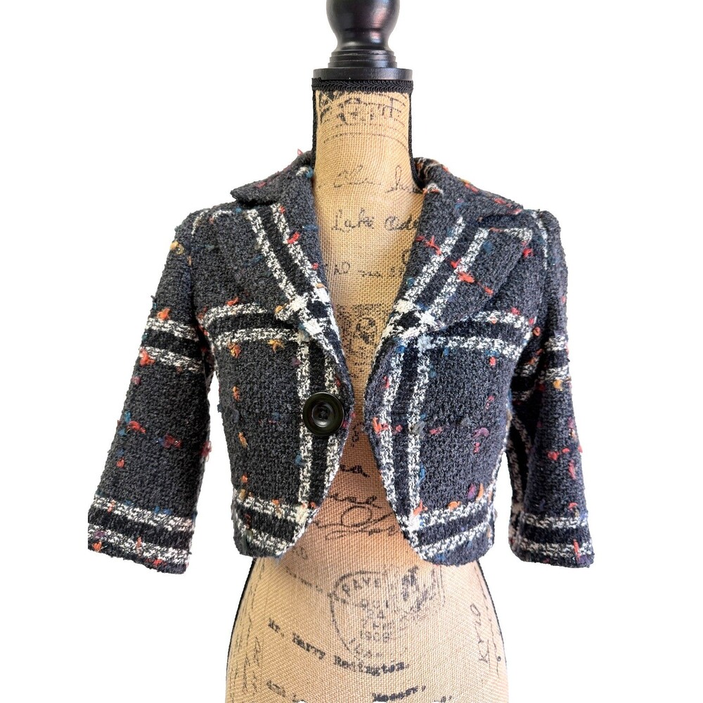 Louis Verdad Wool Blend Tweed Plaid Cropped Blazer Jacket Confetti Bouclé Sz XS